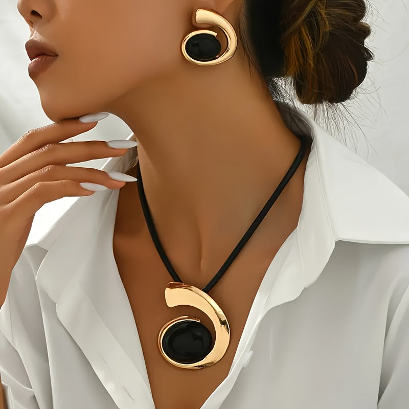 1 Set Boho Simple 14K Golden Plated Geometric Pendant Necklace and Earrings Set, Iron Material with Plastic Inlay, Daily Wear Jewelry for Women